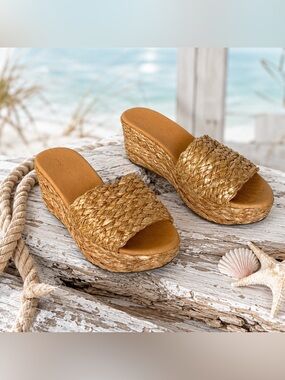 Chocolat Blu Yunis Natural Raffia Wedge Slides Size 9.5